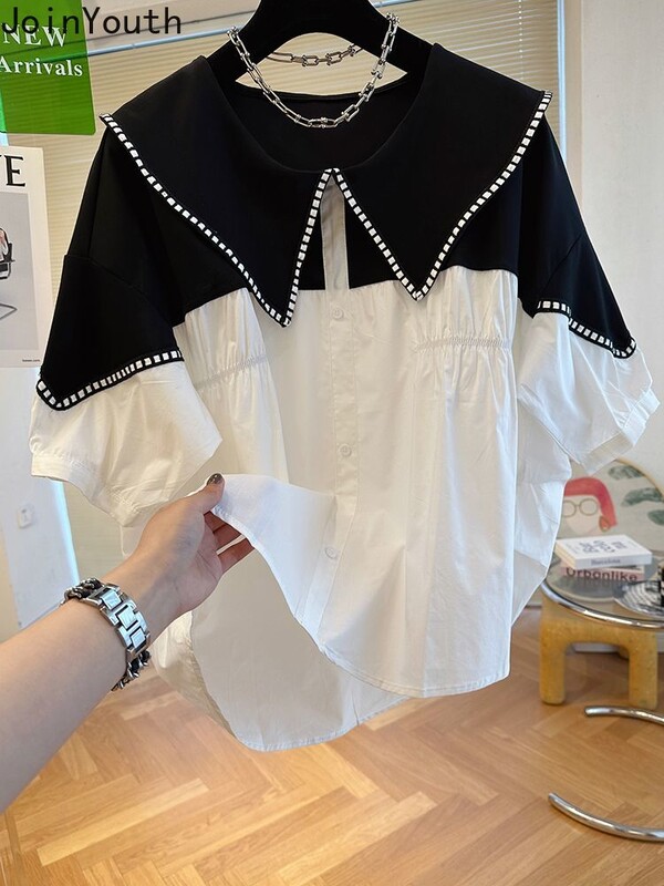 Bluza kontrastne boje za žene 2024 Blusas Mujer De Moda Patchwork Široke ljetne košulje Peter Pan kragna Modne bluze Topovi