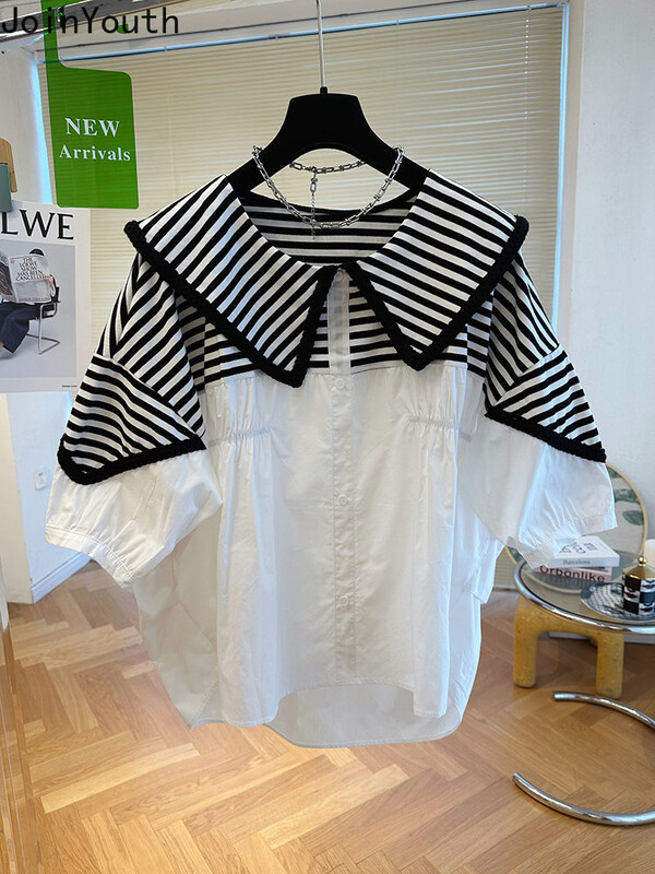 Bluza kontrastne boje za žene 2024 Blusas Mujer De Moda Patchwork Široke ljetne košulje Peter Pan kragna Modne bluze Topovi