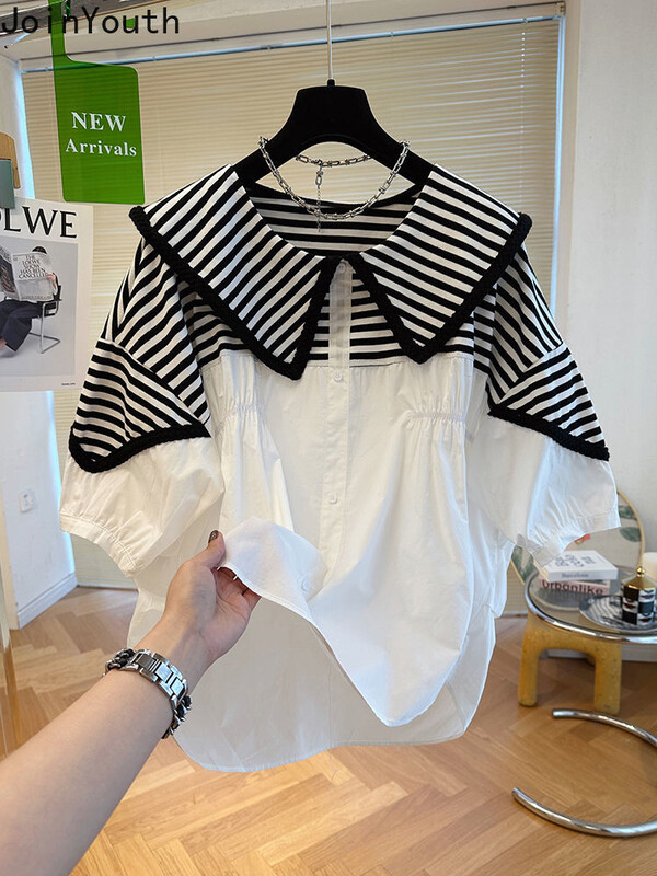 Bluza kontrastne boje za žene 2024 Blusas Mujer De Moda Patchwork Široke ljetne košulje Peter Pan kragna Modne bluze Topovi