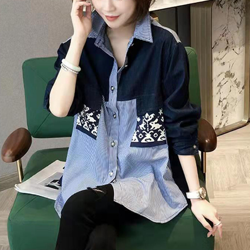 Primăvară toamnă Streetwear Denim Patchwork Cămașă de modă ocazională Top cu mânecă lungă pentru femei Bluză cu nasturi largi, cardigan pentru femei