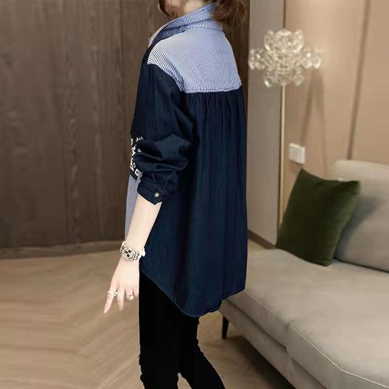 Primăvară toamnă Streetwear Denim Patchwork Cămașă de modă ocazională Top cu mânecă lungă pentru femei Bluză cu nasturi largi, cardigan pentru femei