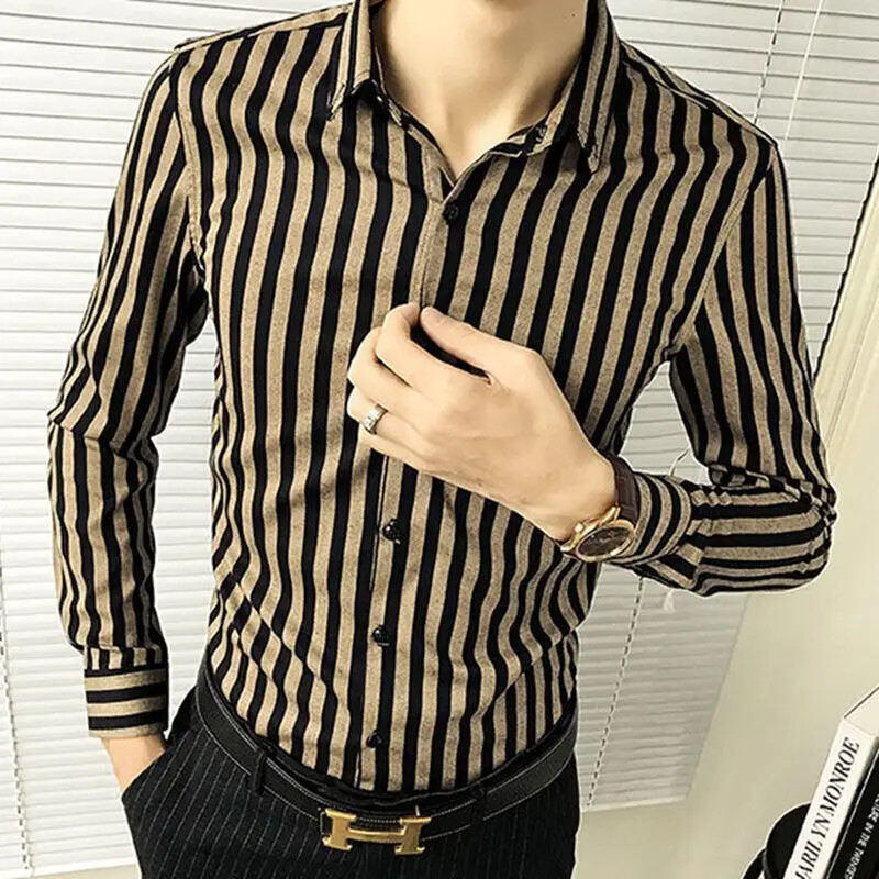 Cămașă pentru bărbați, primăvară, vară, stil coreean, slim fit, sihouette netedă, britanică de afaceri, ocazională, cămașă în dungi, la modă, potrivită pentru tineret
