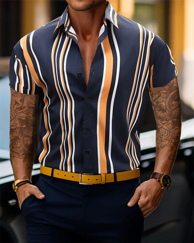 Ανδρικό μακρυμάνικο πουκάμισο με κουμπιά με ριγέ σχέδιο, ανδρικά μπλουζάκια casual για άνοιξη και φθινόπωρο, Υψηλής ποιότητας μαλακό ύφασμα Oversized 6XL