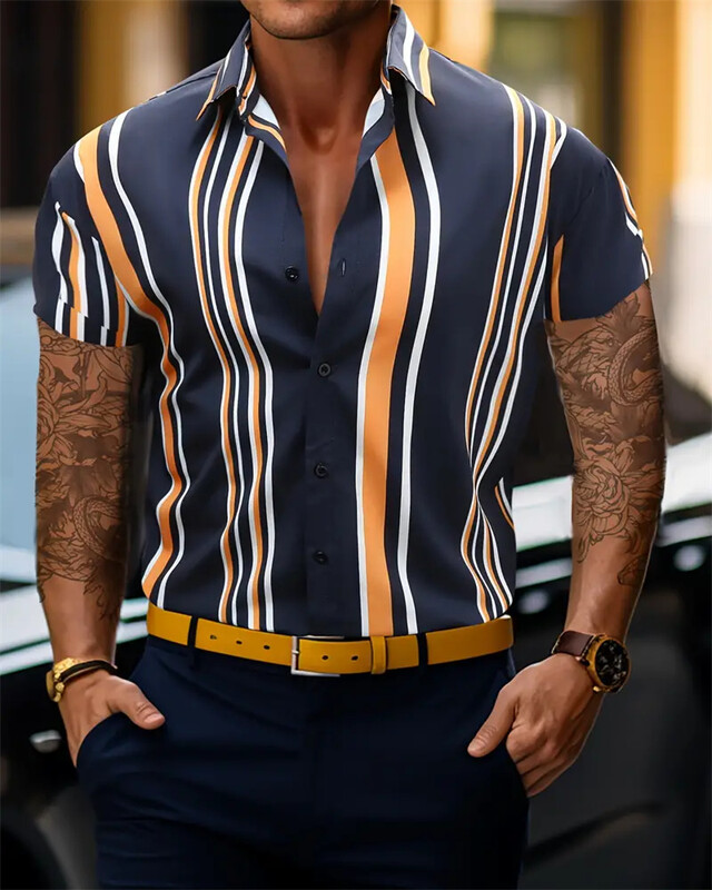 Ανδρικό μακρυμάνικο πουκάμισο με κουμπιά με ριγέ σχέδιο, ανδρικά μπλουζάκια casual για άνοιξη και φθινόπωρο, Υψηλής ποιότητας μαλακό ύφασμα Oversized 6XL