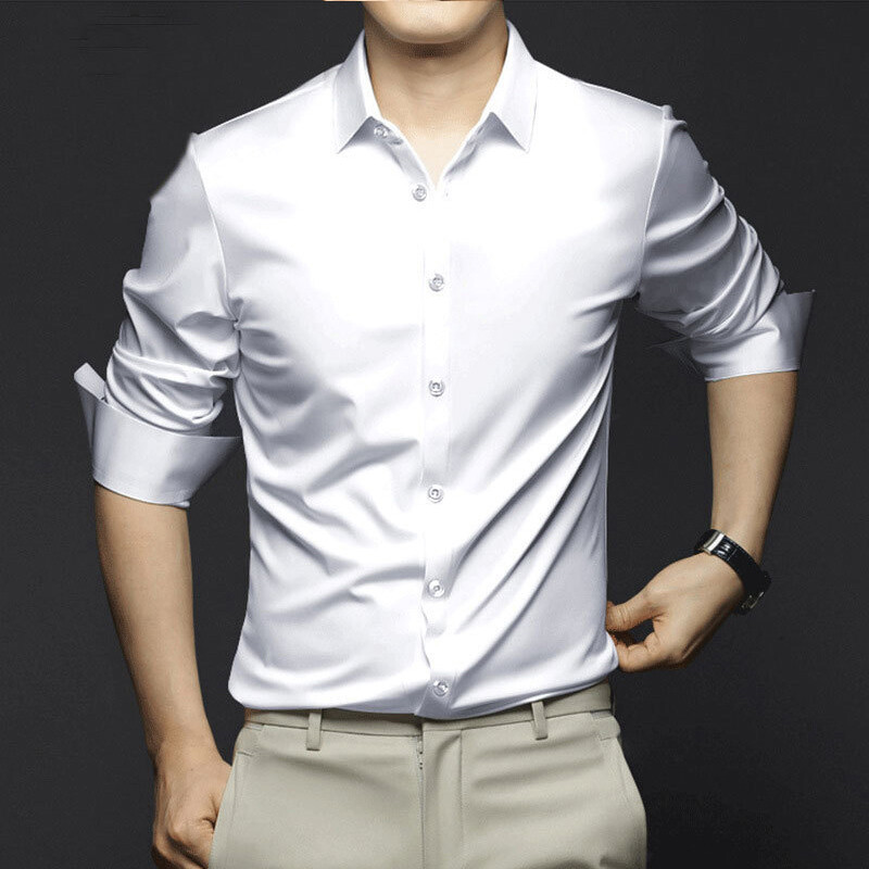 2023. aasta uus mood Kvaliteetne Luksuslik Elegantne Meeste Särk Pikkade varrukatega Solid Slim Fit Vabaaja ametlikud ärilised siidisärgid