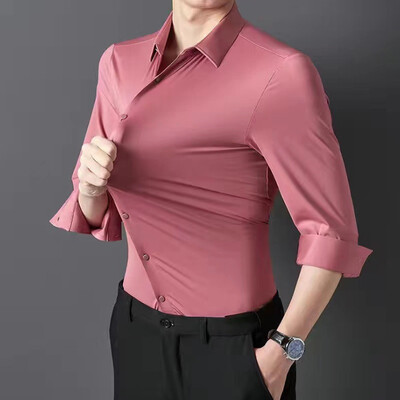 Cămașă de vară cu mânecă scurtă pentru bărbați, cota elastică și fără urme, nou cu mânecă lungă, spandex subțire, fără călcat, pentru petrecerea timpului liber