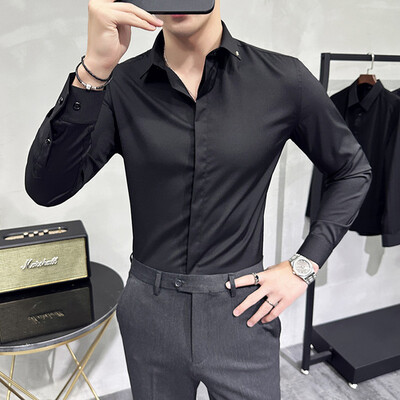 Cămașă de înaltă calitate, solidă, pentru bărbați, simplă, cu mânecă lungă, cămăși de afaceri slim fit, cămașă socială casual, plus dimensiune 4XL-M