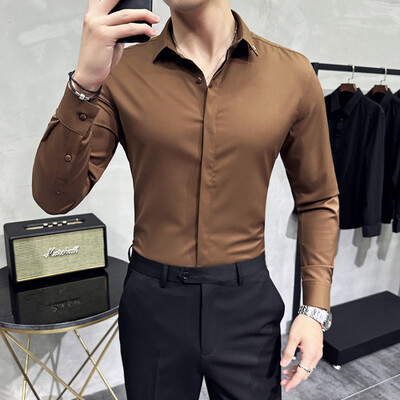 Cămașă de înaltă calitate, solidă, pentru bărbați, simplă, cu mânecă lungă, cămăși de afaceri slim fit, cămașă socială casual, plus dimensiune 4XL-M