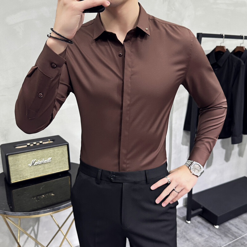 Cămașă de înaltă calitate, solidă, pentru bărbați, simplă, cu mânecă lungă, cămăși de afaceri slim fit, cămașă socială casual, plus dimensiune 4XL-M