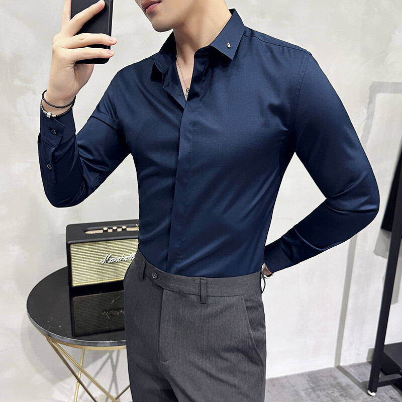 Cămașă de înaltă calitate, solidă, pentru bărbați, simplă, cu mânecă lungă, cămăși de afaceri slim fit, cămașă socială casual, plus dimensiune 4XL-M
