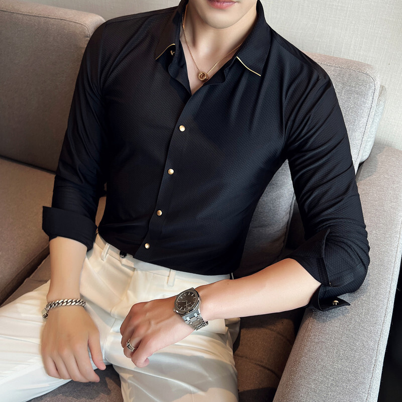 Cămăși cu mânecă lungă pentru bărbați, cu elastic înalt Phnom Penh, rochie simplă, slim fit, smoking casual de bal, îmbrăcăminte formală, cămăși socială