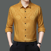 Luksuzne zlatne svilene košulje s otisnutim glatkim elastičnim poslovnim društvenim bluzama Velike veličine Džentlmenska odjeća za svatove Klubska odjeća Saten