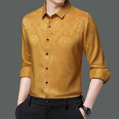 Luksuzne zlatne svilene košulje s otisnutim glatkim elastičnim poslovnim društvenim bluzama Velike veličine Džentlmenska odjeća za svatove Klubska odjeća Saten