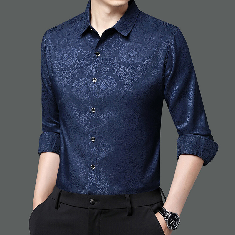 Luksuzne zlatne svilene košulje s otisnutim glatkim elastičnim poslovnim društvenim bluzama Velike veličine Džentlmenska odjeća za svatove Klubska odjeća Saten