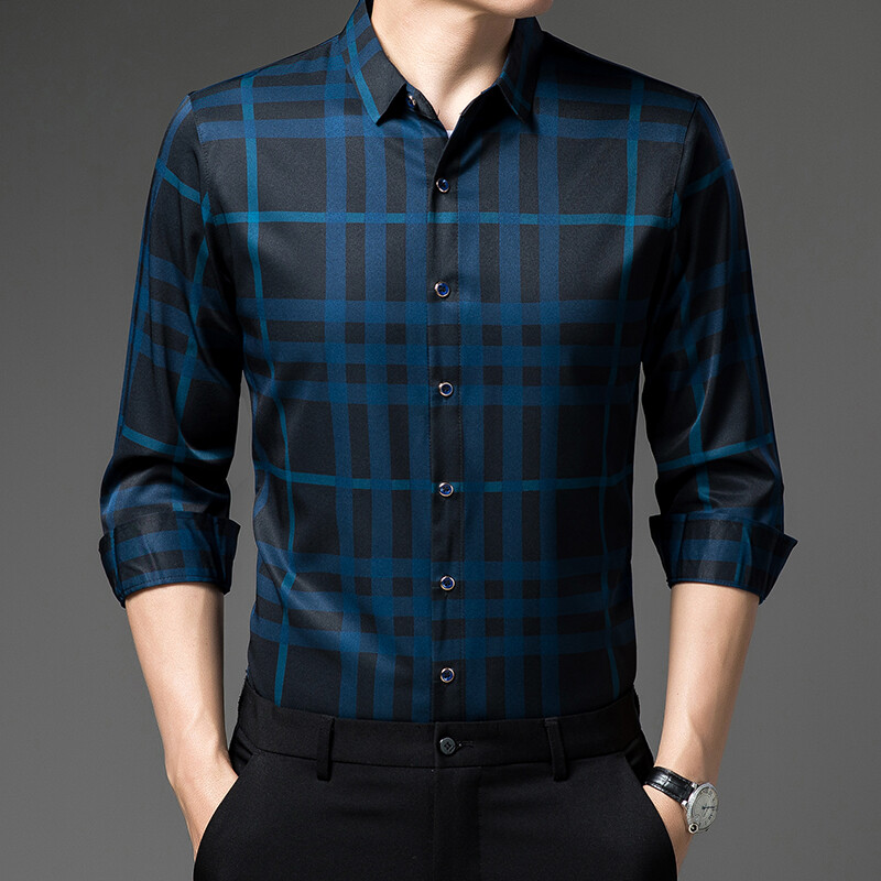 Μόδα ανδρικά πολυτελή μακρυμάνικα πουκάμισα Μοντέρνα κομψά καρό casual μπλουζάκια