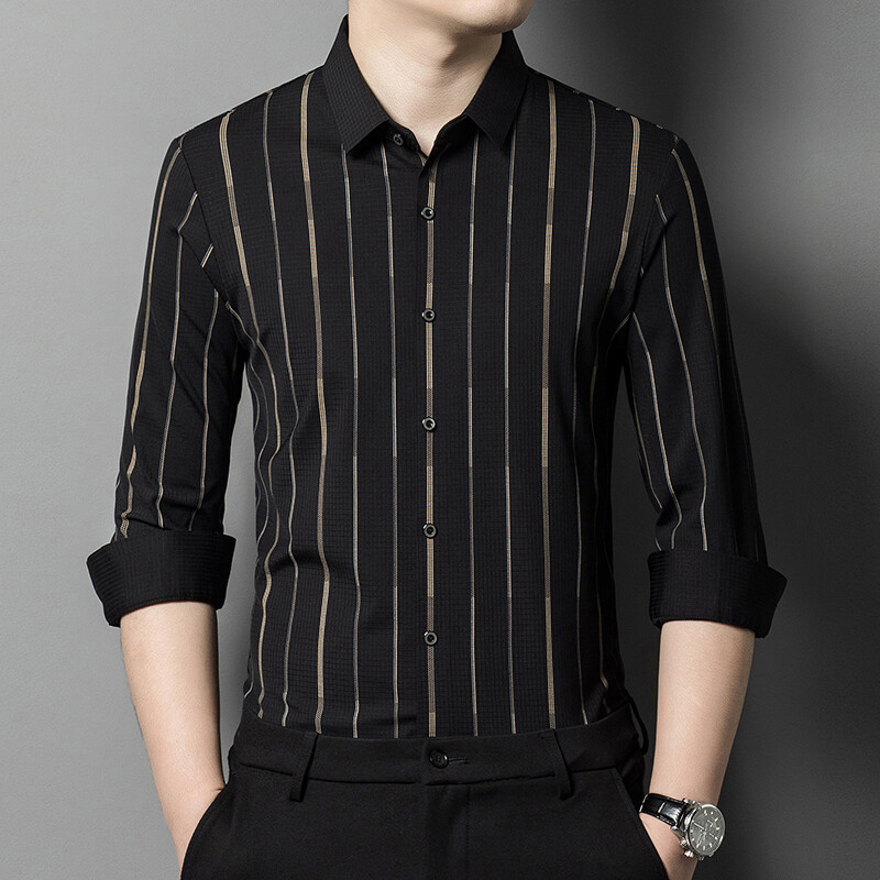 2024. aasta kevad, õmblusteta meeste vertikaalne triibuline särk, ruudu kaelusega avara liibuv äriline vabaaja pikkade varrukatega särk M-4XL