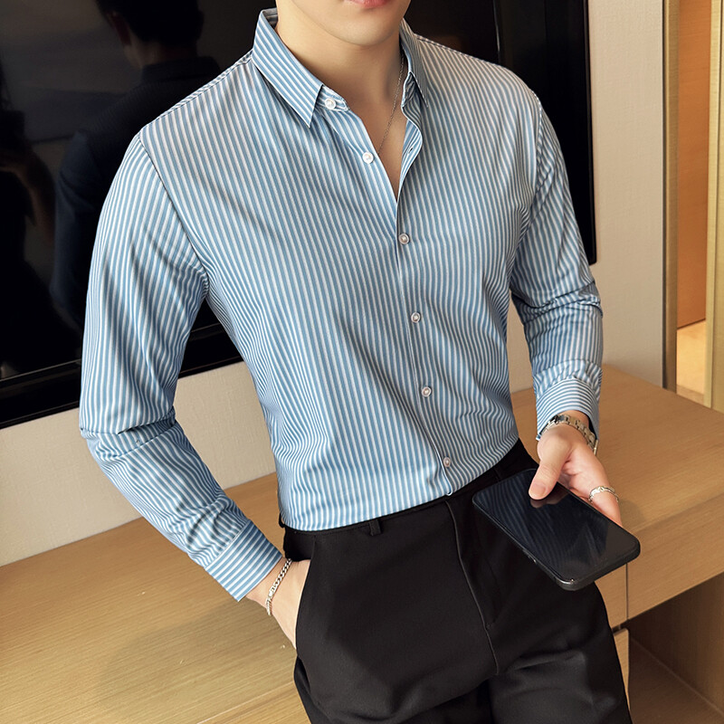 Πουκάμισο με ρίγες υψηλής ελαστικότητας για άντρες Επίσημο επαγγελματικό λεπτή εφαρμογή Casual μακρυμάνικο που στεγνώνει γρήγορα κοινωνικό πουκάμισο 4XL-M