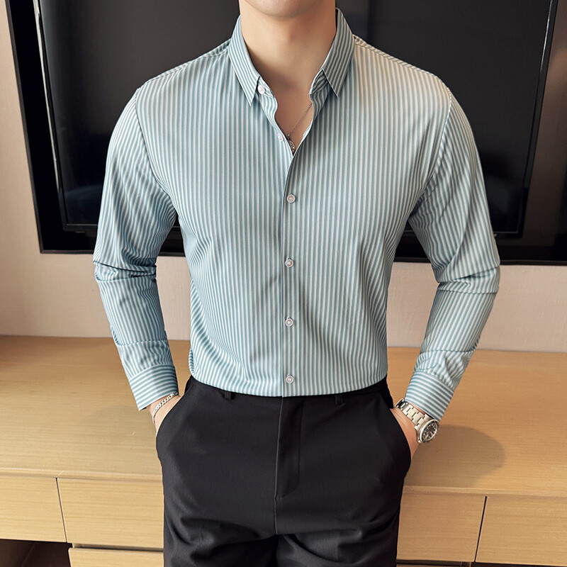 Πουκάμισο με ρίγες υψηλής ελαστικότητας για άντρες Επίσημο επαγγελματικό λεπτή εφαρμογή Casual μακρυμάνικο που στεγνώνει γρήγορα κοινωνικό πουκάμισο 4XL-M