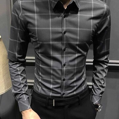 Moodne reväärnööp Täielikult sobivad trükitud ruudulised särgid Meeste riided 2024 Kevad, uued avarad pikkade varrukatega Korea topid vabaaja särgid