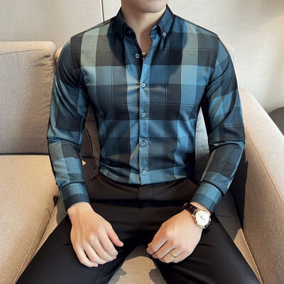 Cămașă în carouri în stil britanic pentru bărbați Cămașă casual de afaceri cu mâneci lungi de înaltă calitate, la birou, la petrecere socială, la banchet, îmbrăcăminte pentru bărbați M-4XL