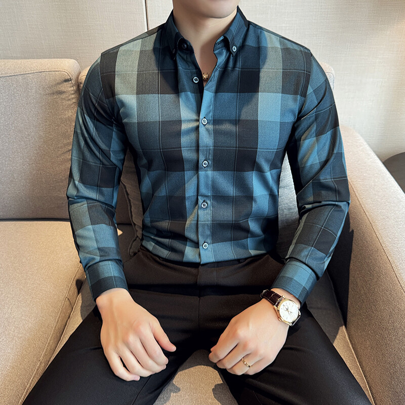 Cămașă în carouri în stil britanic pentru bărbați Cămașă casual de afaceri cu mâneci lungi de înaltă calitate, la birou, la petrecere socială, la banchet, îmbrăcăminte pentru bărbați M-4XL