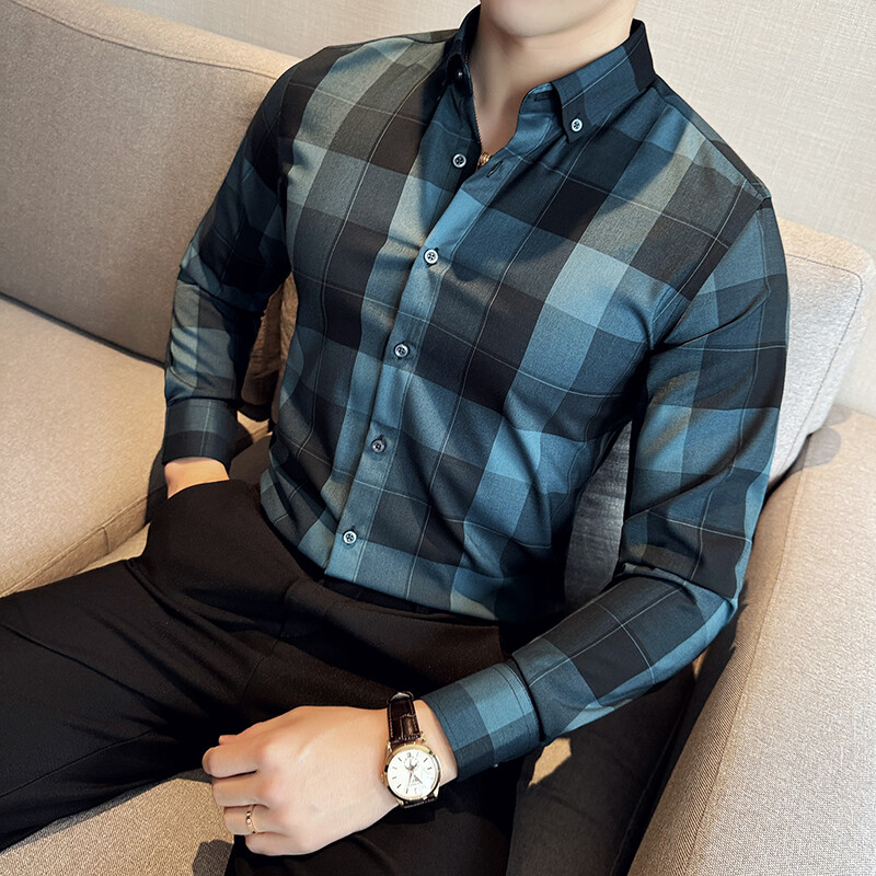 Cămașă în carouri în stil britanic pentru bărbați Cămașă casual de afaceri cu mâneci lungi de înaltă calitate, la birou, la petrecere socială, la banchet, îmbrăcăminte pentru bărbați M-4XL