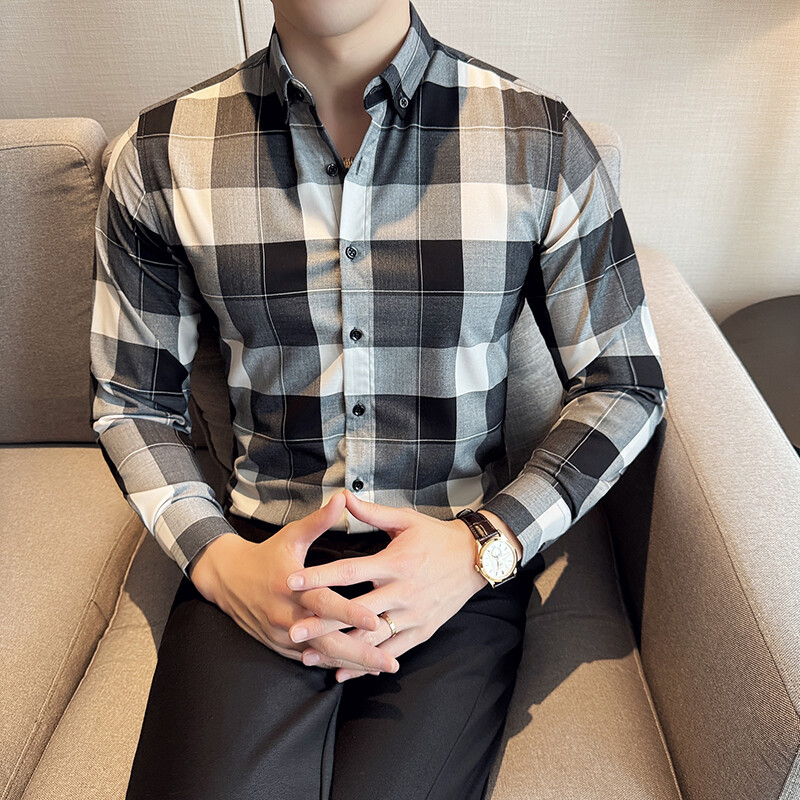 Cămașă în carouri în stil britanic pentru bărbați Cămașă casual de afaceri cu mâneci lungi de înaltă calitate, la birou, la petrecere socială, la banchet, îmbrăcăminte pentru bărbați M-4XL