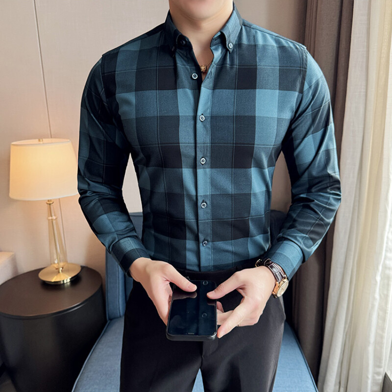 Cămașă în carouri în stil britanic pentru bărbați Cămașă casual de afaceri cu mâneci lungi de înaltă calitate, la birou, la petrecere socială, la banchet, îmbrăcăminte pentru bărbați M-4XL