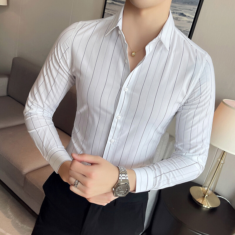Kortsudevastased triibulised särgid meestele Korea luksuslikud rõivad äririietus pidulik riietus Slim Fit meeste sotsiaalne särkkleit suur suurus 4XL-M