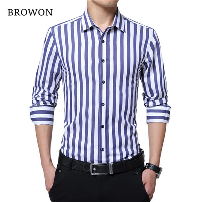 BROWON Potpuno nove muške prugaste ležerne košulje s dugim rukavima, muške pamučne košulje s otvorenim ovratnikom, Homme plus veličina 5XL
