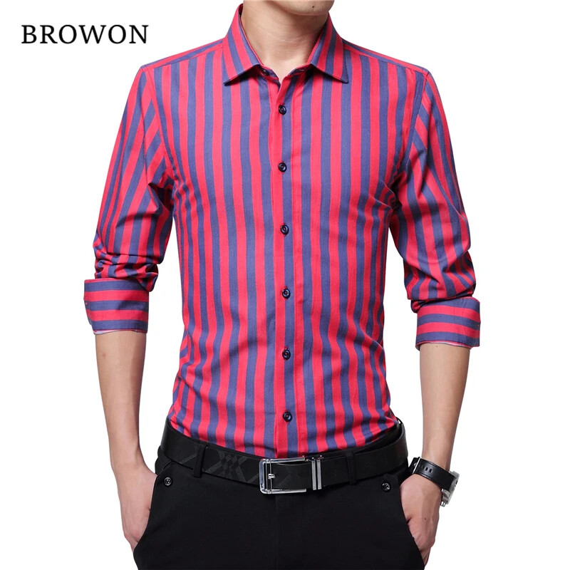 BROWON Potpuno nove muške prugaste ležerne košulje s dugim rukavima, muške pamučne košulje s otvorenim ovratnikom, Homme plus veličina 5XL