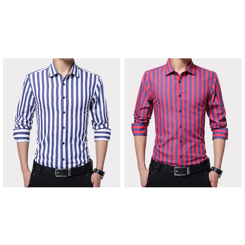 BROWON Potpuno nove muške prugaste ležerne košulje s dugim rukavima, muške pamučne košulje s otvorenim ovratnikom, Homme plus veličina 5XL
