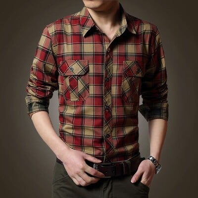 Cămașă din bumbac pentru bărbați, primăvară, toamnă, cu mânecă lungă, cu rever, în carouri, cu buzunar cu nasturi, în stil safari pentru bărbați, topuri de modă casual