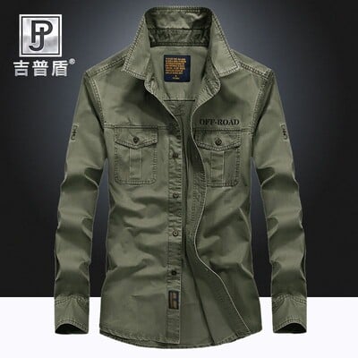 Cămașă din bumbac pentru bărbați, primăvară, toamnă, cu mânecă lungă, cu rever, în carouri, cu buzunar cu nasturi, în stil safari pentru bărbați, topuri de modă casual