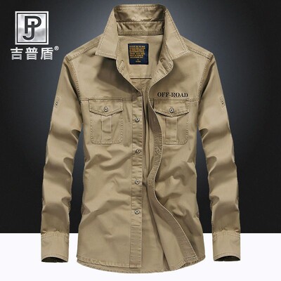 Cămașă din bumbac pentru bărbați, primăvară, toamnă, cu mânecă lungă, cu rever, în carouri, cu buzunar cu nasturi, în stil safari pentru bărbați, topuri de modă casual