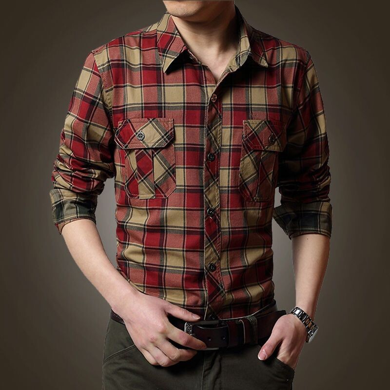 Cămașă din bumbac pentru bărbați, primăvară, toamnă, cu mânecă lungă, cu rever, în carouri, cu buzunar cu nasturi, în stil safari pentru bărbați, topuri de modă casual