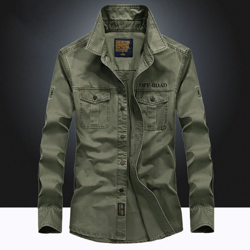 Cămașă din bumbac pentru bărbați, primăvară, toamnă, cu mânecă lungă, cu rever, în carouri, cu buzunar cu nasturi, în stil safari pentru bărbați, topuri de modă casual