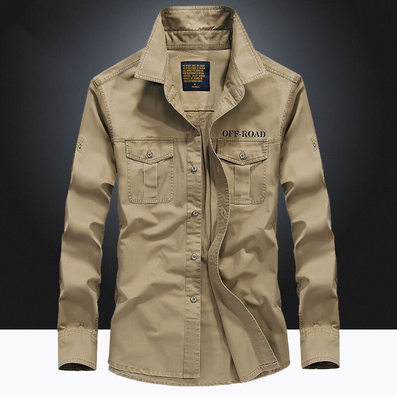 Cămașă din bumbac pentru bărbați, primăvară, toamnă, cu mânecă lungă, cu rever, în carouri, cu buzunar cu nasturi, în stil safari pentru bărbați, topuri de modă casual