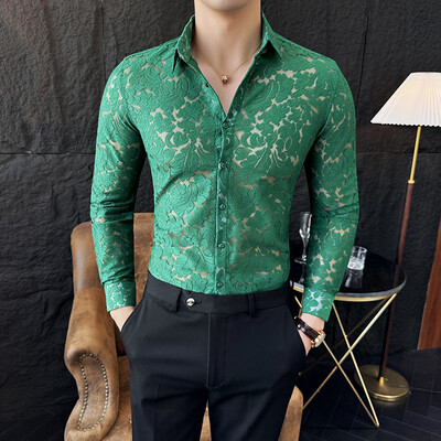 Muška mrežasta prozirna čipkana košulja s dugim rukavima, seksi klupska odjeća, svečane majice, svečane večeri, maturalna večer, prozirna košulja Homme