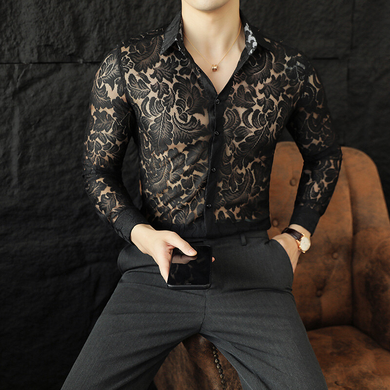 Muška mrežasta prozirna čipkana košulja s dugim rukavima, seksi klupska odjeća, svečane majice, svečane večeri, maturalna večer, prozirna košulja Homme