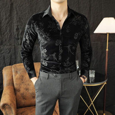 Luxury Velvet Velvet Ανδρικό πουκάμισο 2024 Άνοιξη Slim Casual πουκάμισα Social PartyTuxedo μπλούζα Camisas Para Hombre Ανδρικά ρούχα