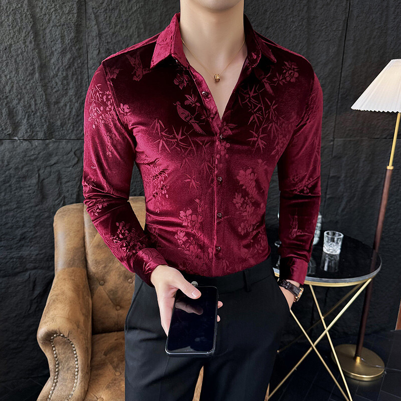 Luxury Velvet Velvet Ανδρικό πουκάμισο 2024 Άνοιξη Slim Casual πουκάμισα Social PartyTuxedo μπλούζα Camisas Para Hombre Ανδρικά ρούχα