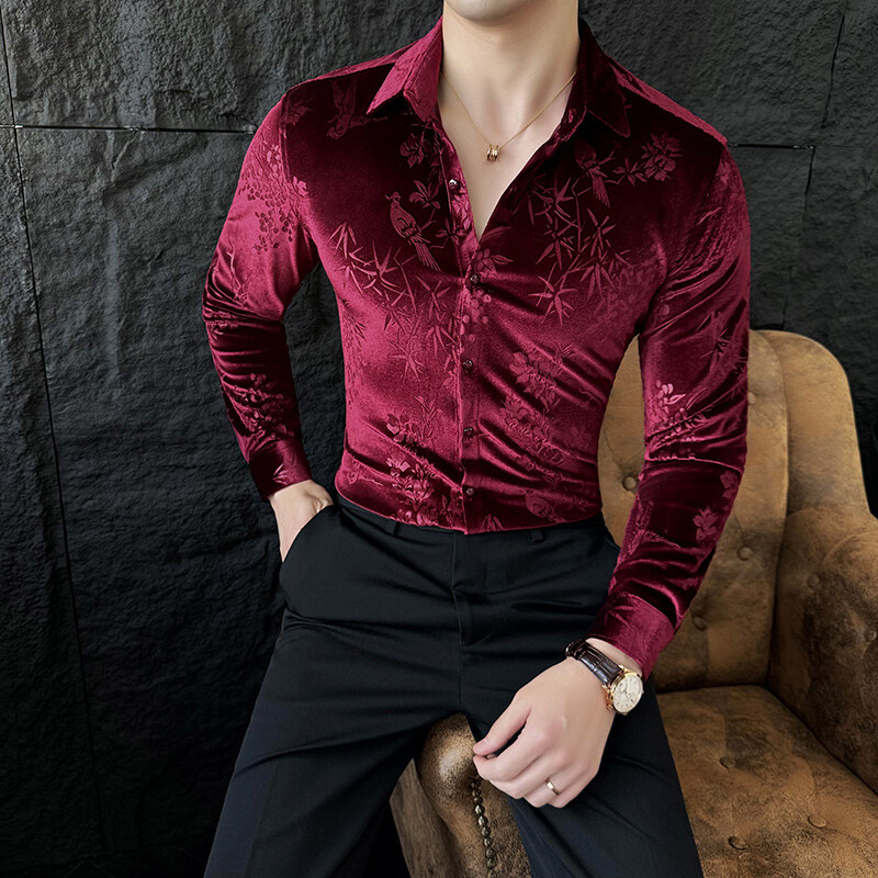 Luxury Velvet Velvet Ανδρικό πουκάμισο 2024 Άνοιξη Slim Casual πουκάμισα Social PartyTuxedo μπλούζα Camisas Para Hombre Ανδρικά ρούχα