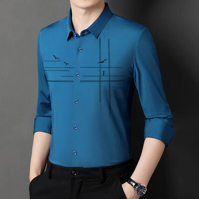 Nova proljetna jesen muška ležerna poslovna košulja dugih rukava Ledeno svilena bešavna visokoelastična muška košulja s reverima