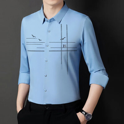 Nova proljetna jesen muška ležerna poslovna košulja dugih rukava Ledeno svilena bešavna visokoelastična muška košulja s reverima