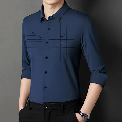 Nova proljetna jesen muška ležerna poslovna košulja dugih rukava Ledeno svilena bešavna visokoelastična muška košulja s reverima