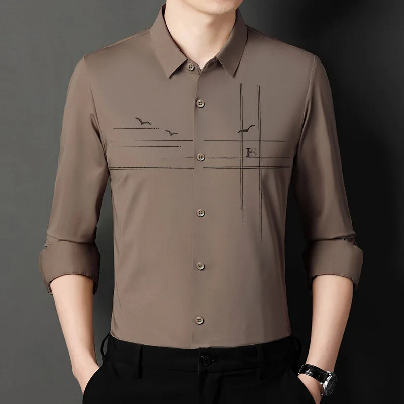 Nova proljetna jesen muška ležerna poslovna košulja dugih rukava Ledeno svilena bešavna visokoelastična muška košulja s reverima