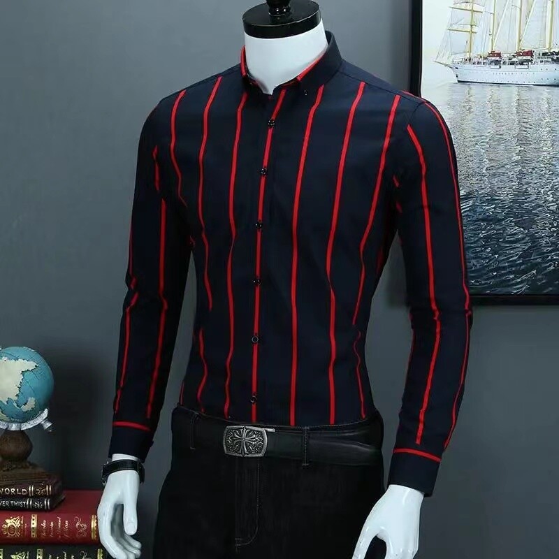 M-5XL Ανδρικά πουκάμισα casual με κλασικό ασπρόμαυρο ριγέ σχέδιο μακρυμάνικα πουκάμισα για casual κοινωνικές ρυθμίσεις