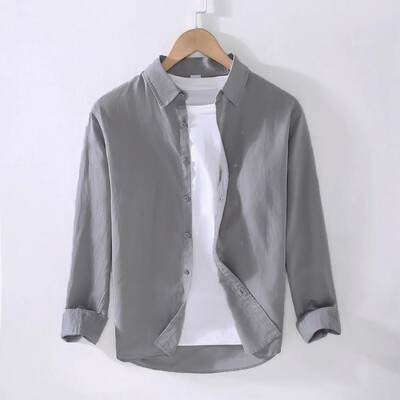 Jesen Nova muška košulja Pamuk Lan Udobne majice Muške ležerne košulje za plažu s otvorenim ovratnikom Muške jednobojne havajske košulje dugih rukava