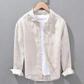 Meeste puhtast linasest avarast pikkade varrukatega särk ühevärvilisest puuvillasest linasest riidest särk Meeste riided